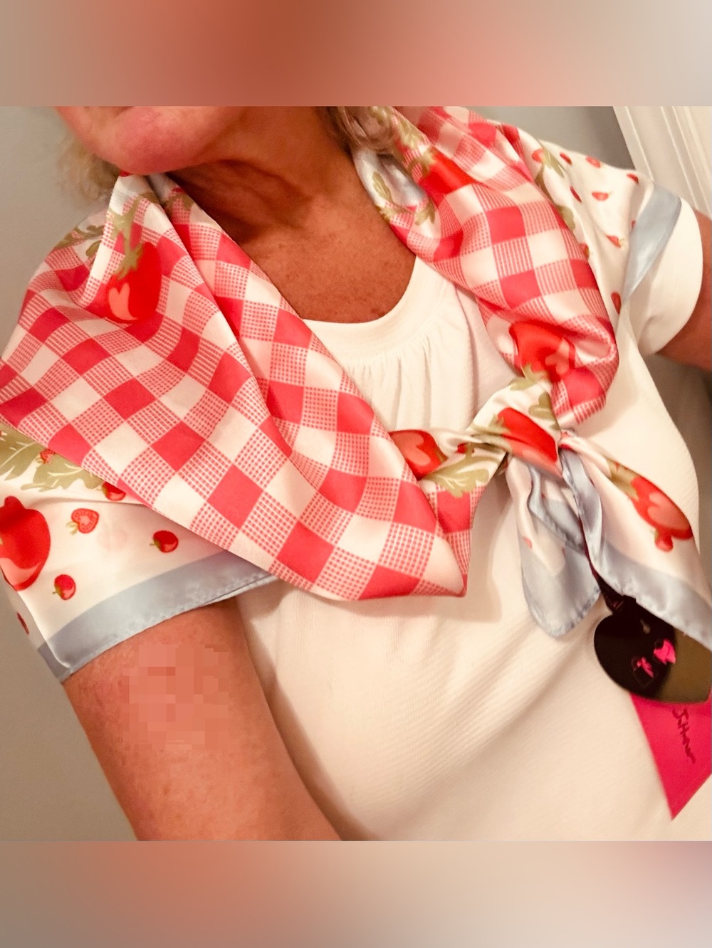 Betsey Johnson Tomato Gingham Square Scarf - Red Blue 35” x 35” - Picture 12 of 16